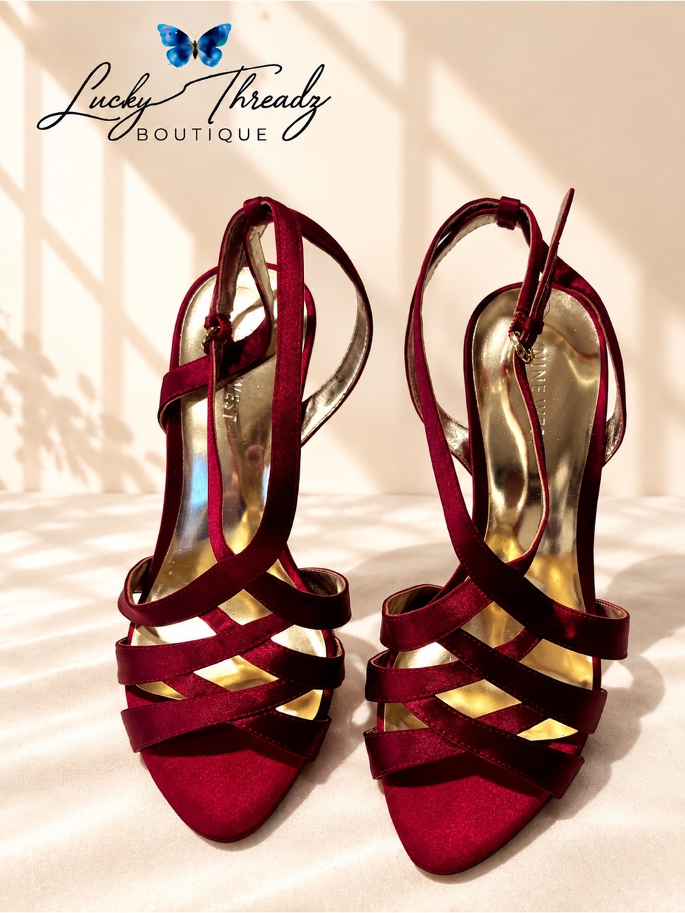 Nine West Burgundy Satin Strappy Heels 9M Stiletto Formal Sandals